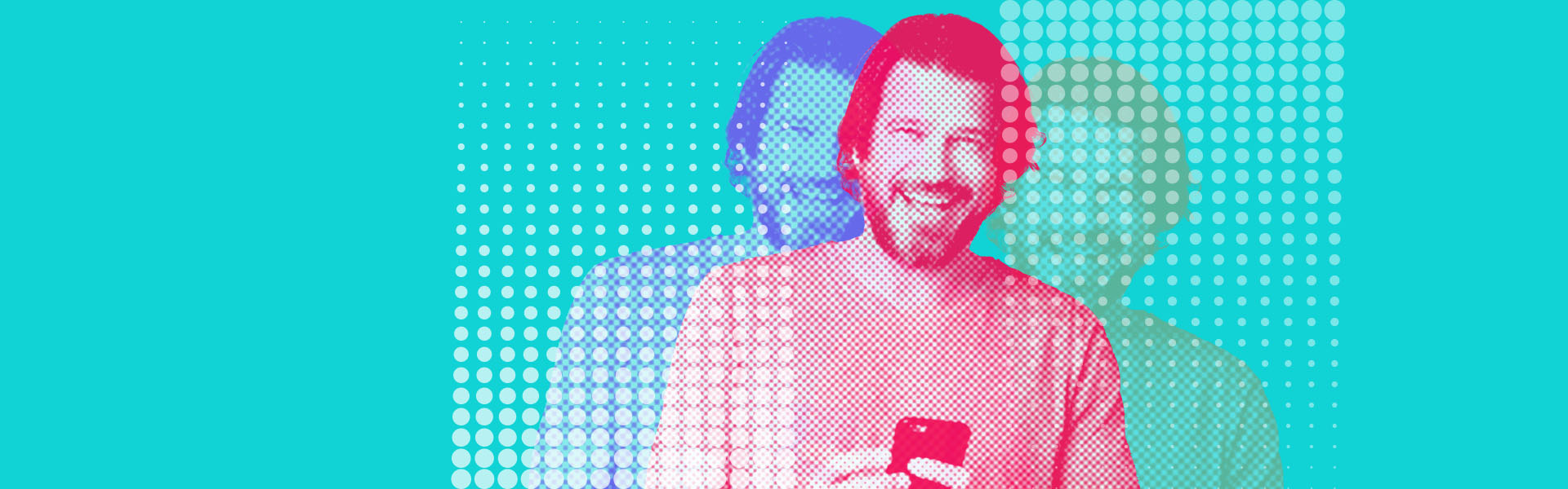 großes Bild, lachender Mann mit Handy